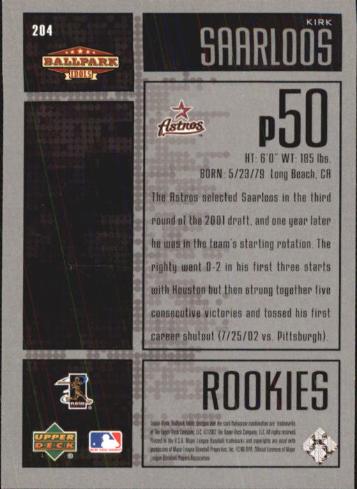 2002 Upper Deck Ballpark Idols #204 Kirk Saarloos ROO RC back image