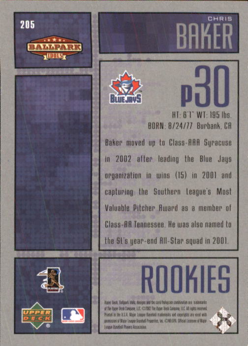 2002 Upper Deck Ballpark Idols #205 Chris Baker ROO RC back image