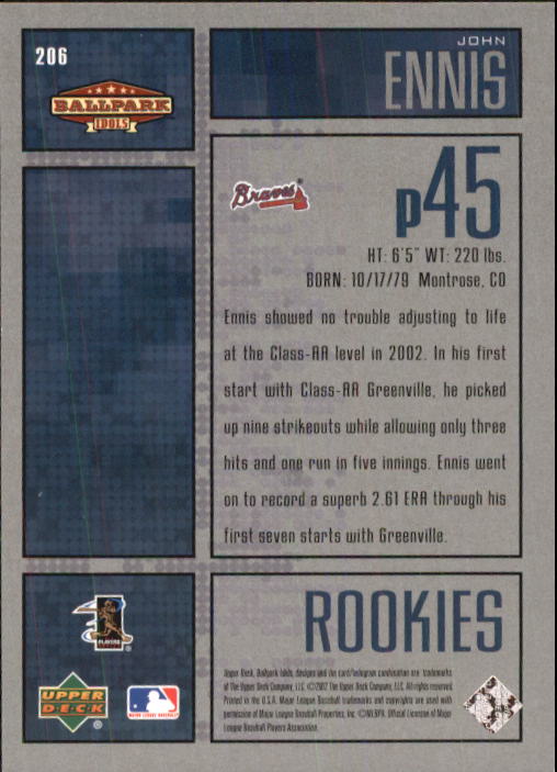 2002 Upper Deck Ballpark Idols #206 John Ennis ROO RC back image