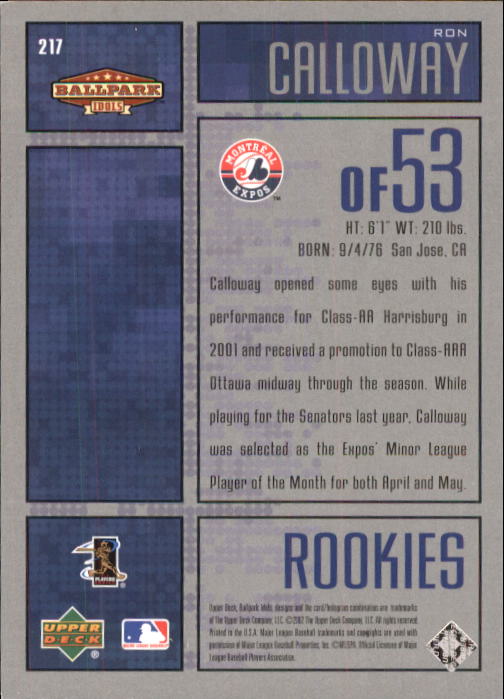 2002 Upper Deck Ballpark Idols #217 Ron Calloway ROO RC back image
