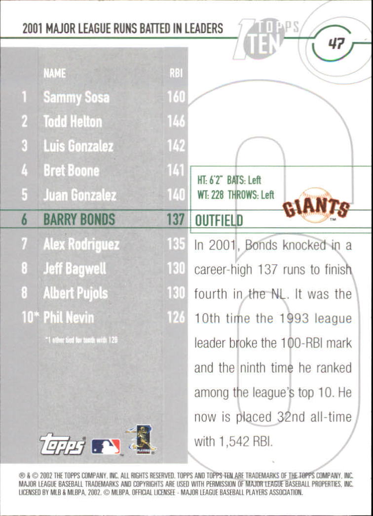 2002 Topps Ten #47 Barry Bonds RBI back image