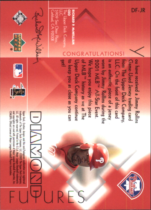 2002 Upper Deck Ovation Diamond Futures Jerseys #DFJR Jimmy Rollins back image