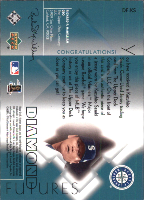 2002 Upper Deck Ovation Diamond Futures Jerseys #DFKS Kazuhiro Sasaki back image