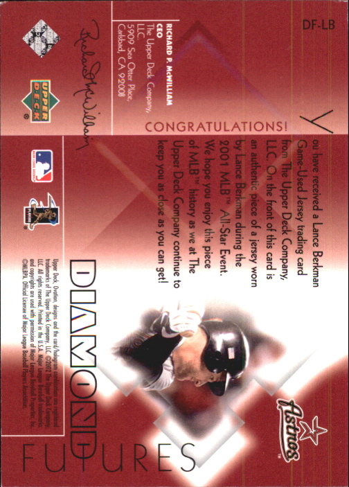 2002 Upper Deck Ovation Diamond Futures Jerseys #DFLB Lance Berkman back image