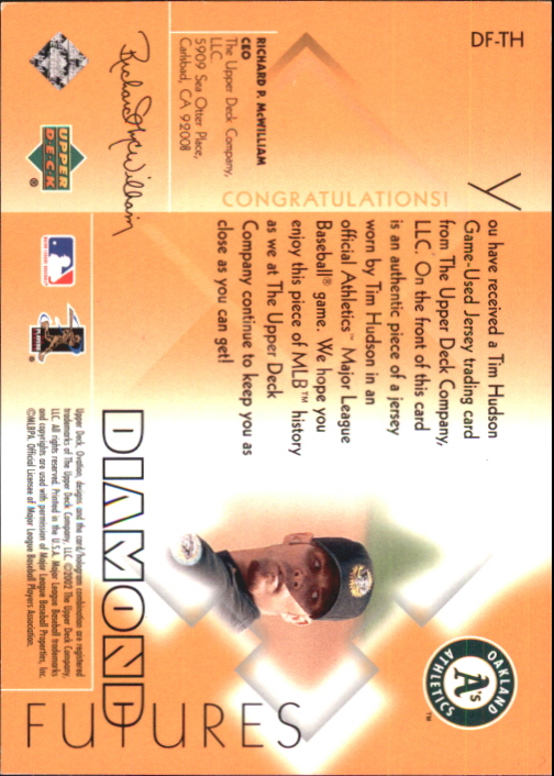 2002 Upper Deck Ovation Diamond Futures Jerseys #DFTH Tim Hudson back image