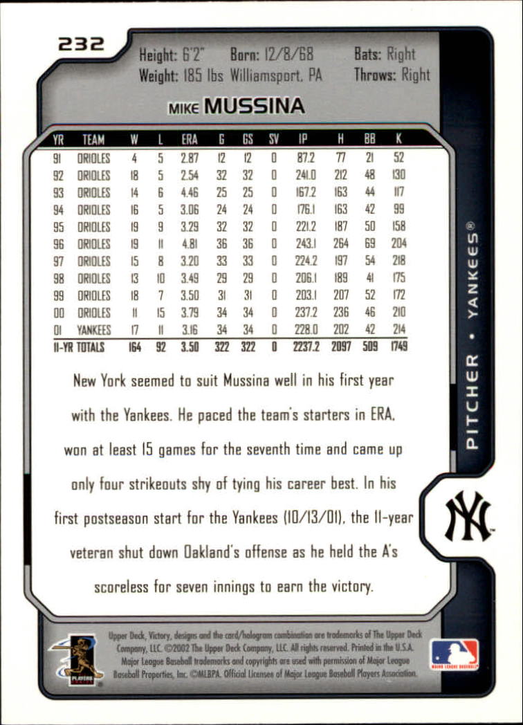 2002 Upper Deck Victory #232 Mike Mussina back image