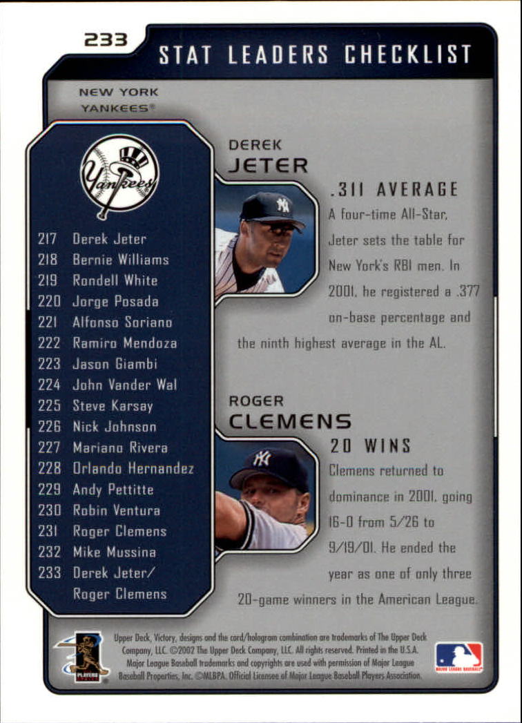 2002 Upper Deck Victory #233 D.Jeter/R.Clemens back image