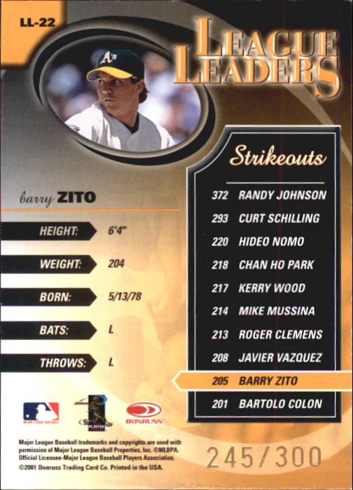 2002 Donruss Best of Fan Club League Leaders #LL22 Barry Zito K's/200* back image