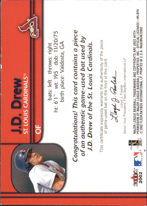 2002 Fleer Maximum Coverage #5 J.D. Drew Bat back image