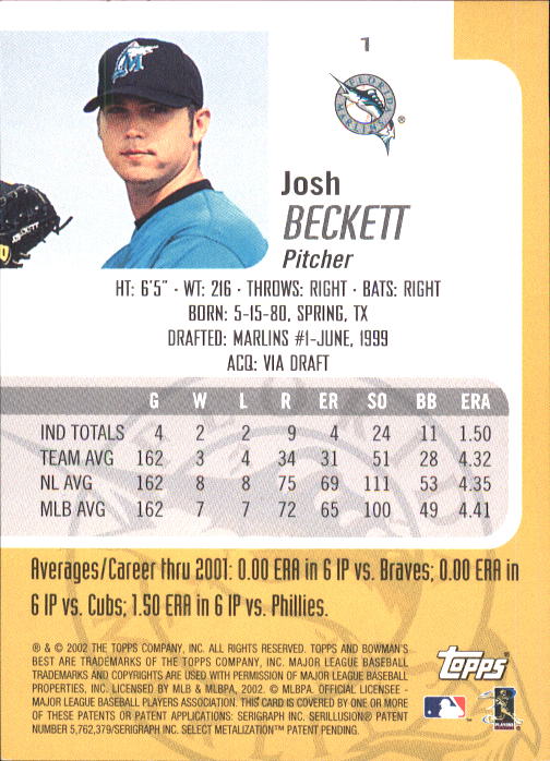 2002 Bowman's Best #1 Josh Beckett back image