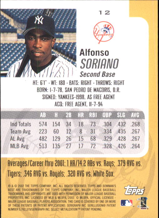 2002 Bowman's Best #12 Alfonso Soriano back image