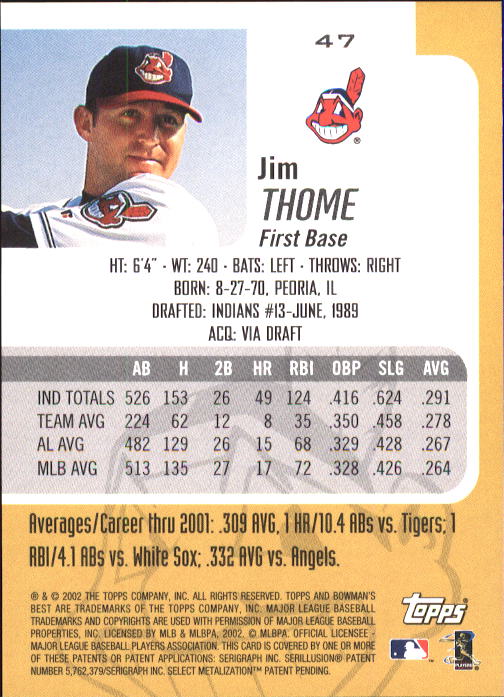 2002 Bowman's Best #47 Jim Thome back image