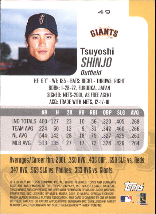 2002 Bowman's Best #49 Tsuyoshi Shinjo back image
