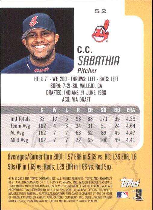 2002 Bowman's Best #52 C.C. Sabathia back image