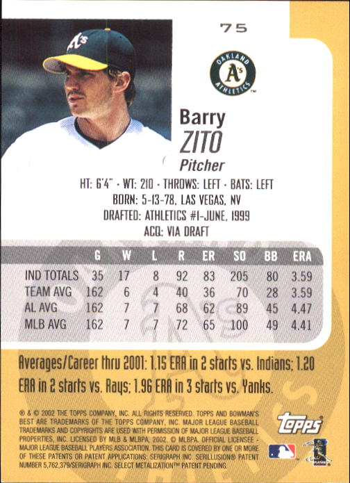 2002 Bowman's Best #75 Barry Zito back image