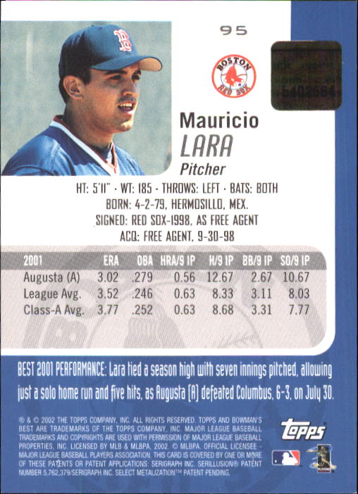 2002 Bowman's Best #95 Mauricio Lara AU A RC back image