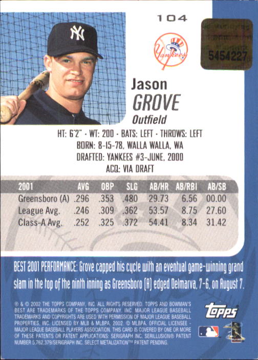2002 Bowman's Best #104 Jason Grove AU B RC back image