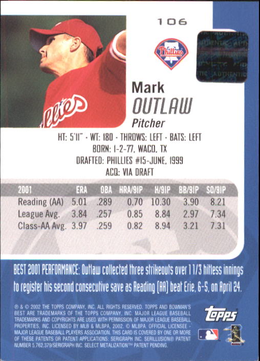 2002 Bowman's Best #106 Mark Outlaw AU A RC back image