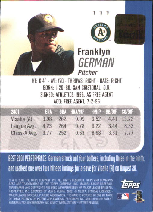 2002 Bowman's Best #111 Franklyn German AU A RC back image