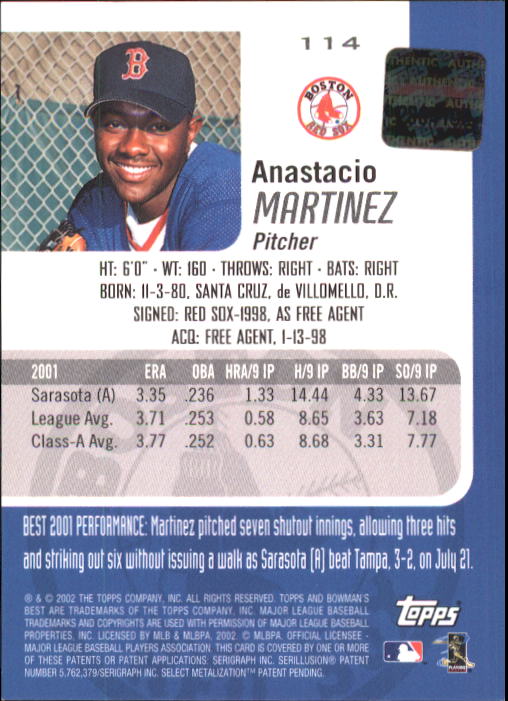 2002 Bowman's Best #114 Anastacio Martinez AU A RC back image