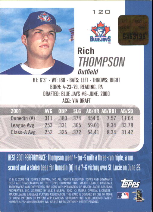 2002 Bowman's Best #120 Rich Thompson AU A RC back image