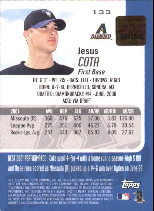2002 Bowman's Best #133 Jesus Cota AU B RC back image