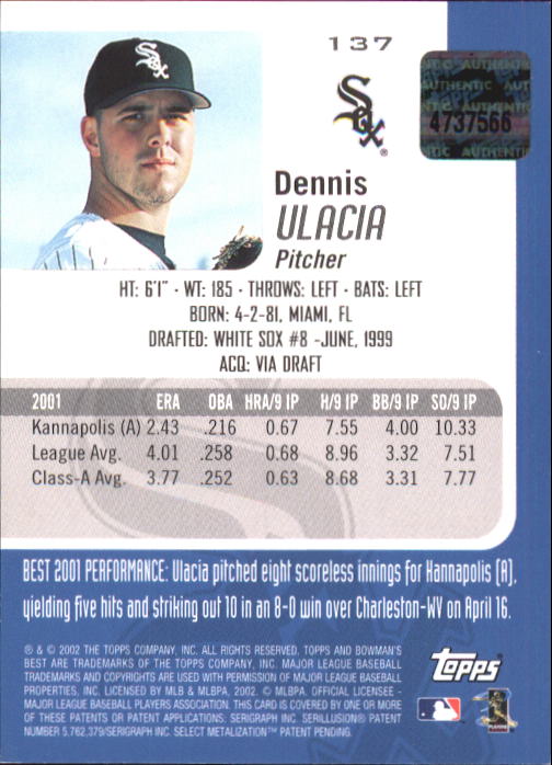 2002 Bowman's Best #137 Dennis Ulacia AU A RC back image
