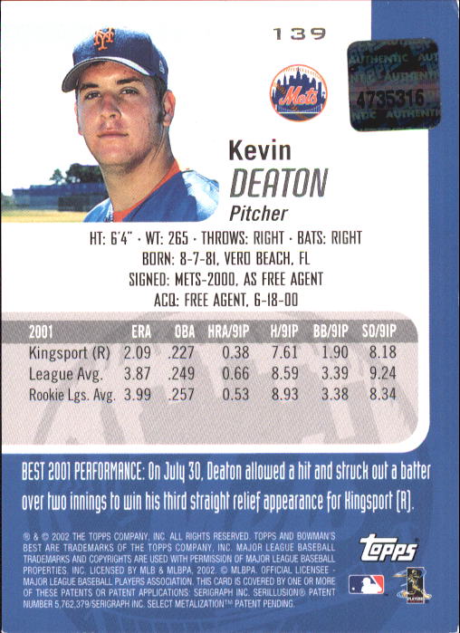 2002 Bowman's Best #139 Kevin Deaton AU A RC back image