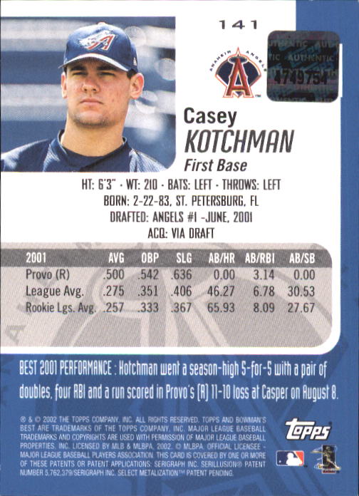 2002 Bowman's Best #141 Casey Kotchman AU A RC back image