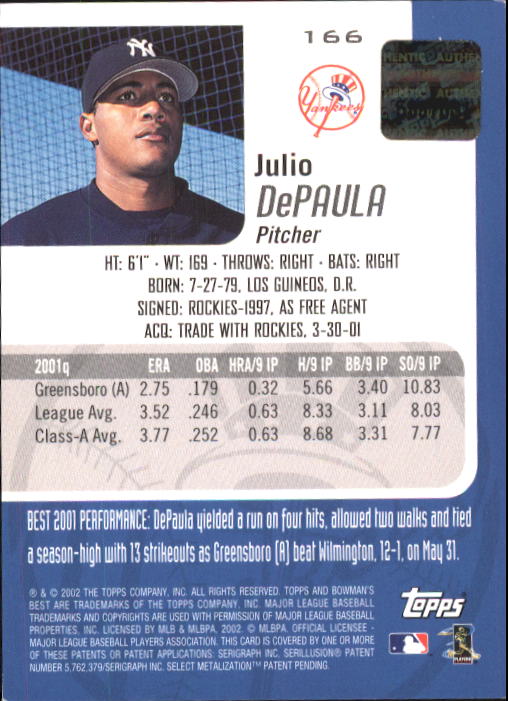 2002 Bowman's Best #166 Jorge-Julio DePaula AU A RC back image