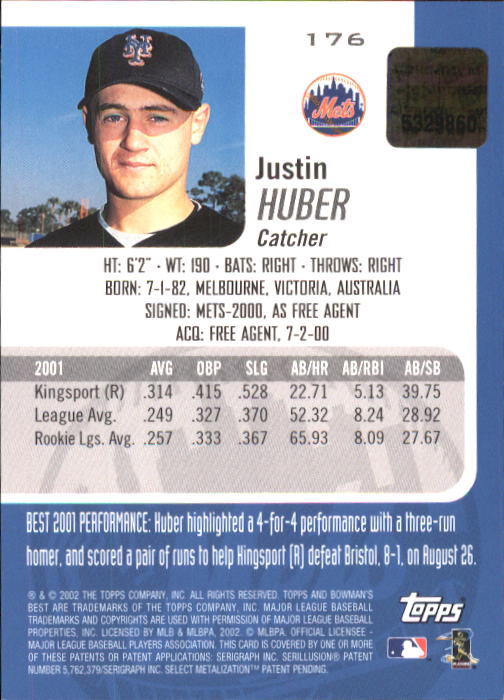 2002 Bowman's Best #176 Justin Huber AU A RC back image