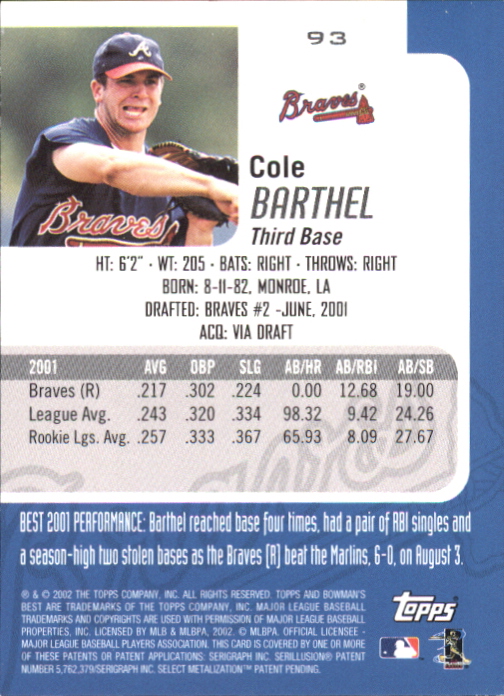 2002 Bowman's Best Blue #93 Cole Barthel Bat back image