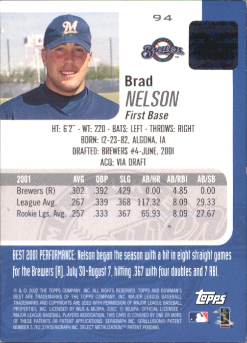2002 Bowman's Best Blue #94 Brad Nelson AU