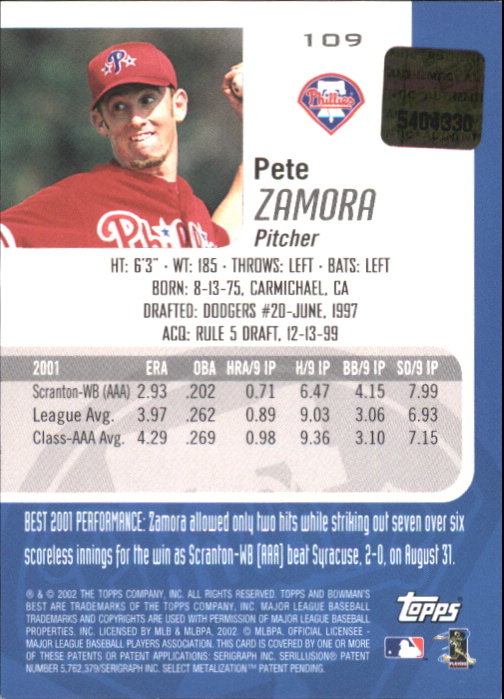 2002 Bowman's Best Blue #109 Pete Zamora AU back image