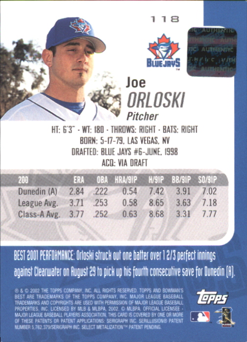 2002 Bowman's Best Blue #118 Joe Orloski AU back image
