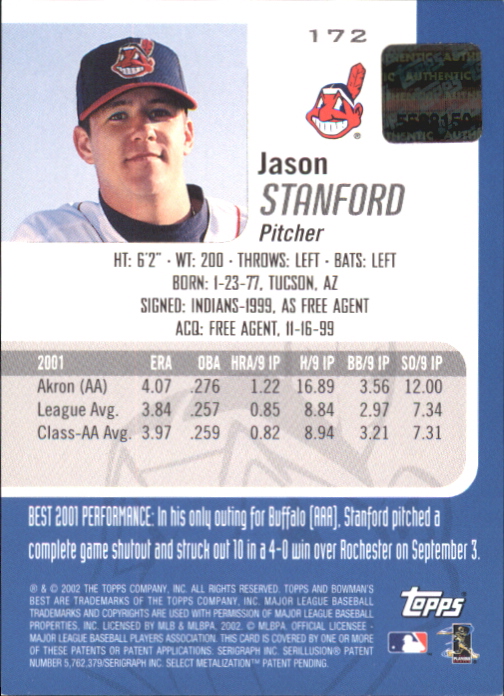 2002 Bowman's Best Blue #172 Jason Stanford AU back image