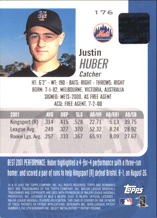 2002 Bowman's Best Blue #176 Justin Huber AU back image