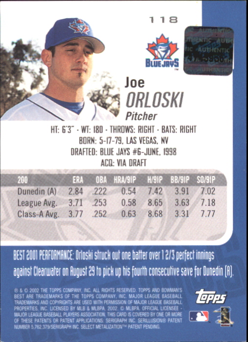 2002 Bowman's Best Gold #118 Joe Orloski AU