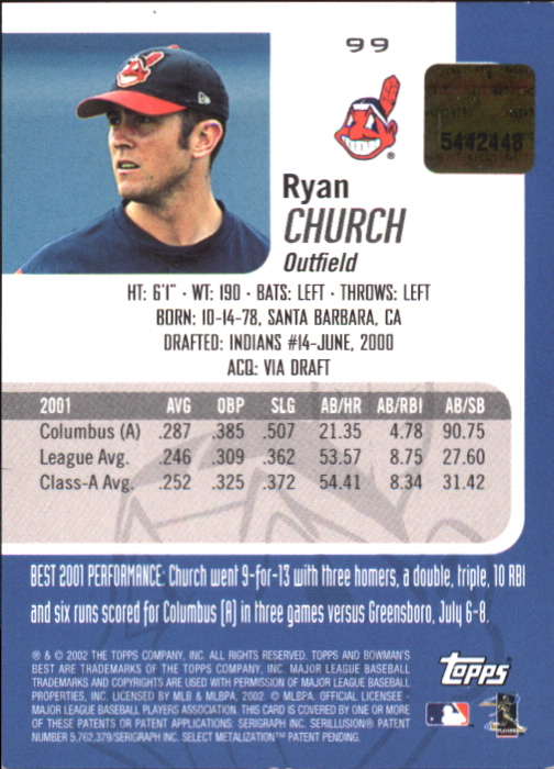 2002 Bowman's Best Red #99 Ryan Church AU back image
