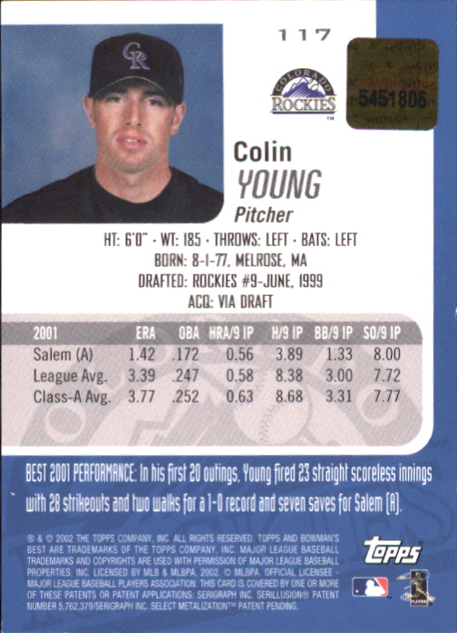 2002 Bowman's Best Red #117 Colin Young AU back image