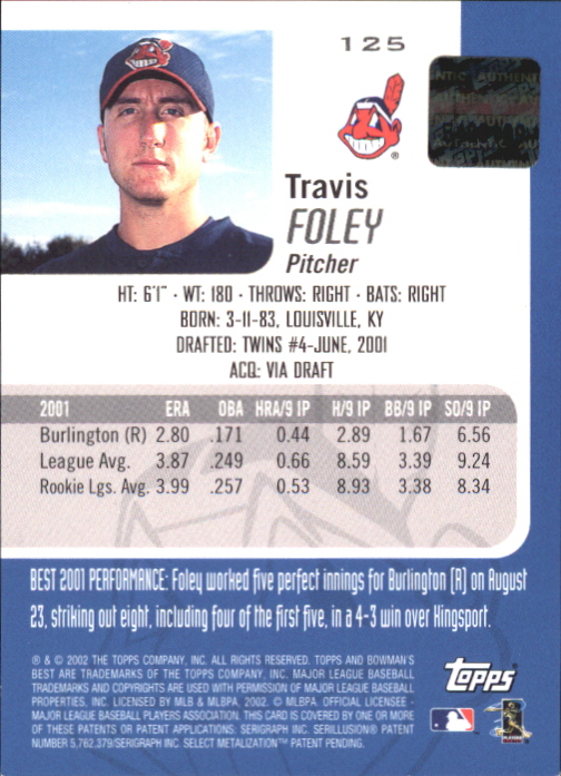2002 Bowman's Best Red #125 Travis Foley AU back image