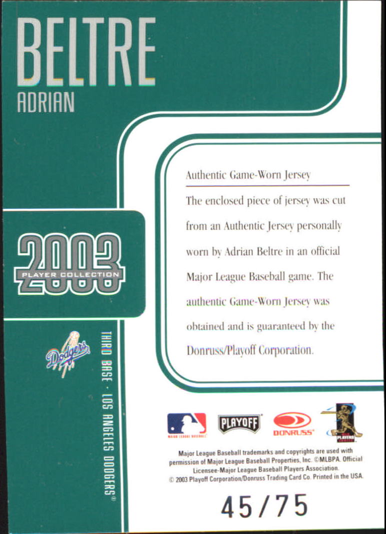 2003 Absolute Memorabilia Player Collection #ADBE Adrian Beltre Jsy back image