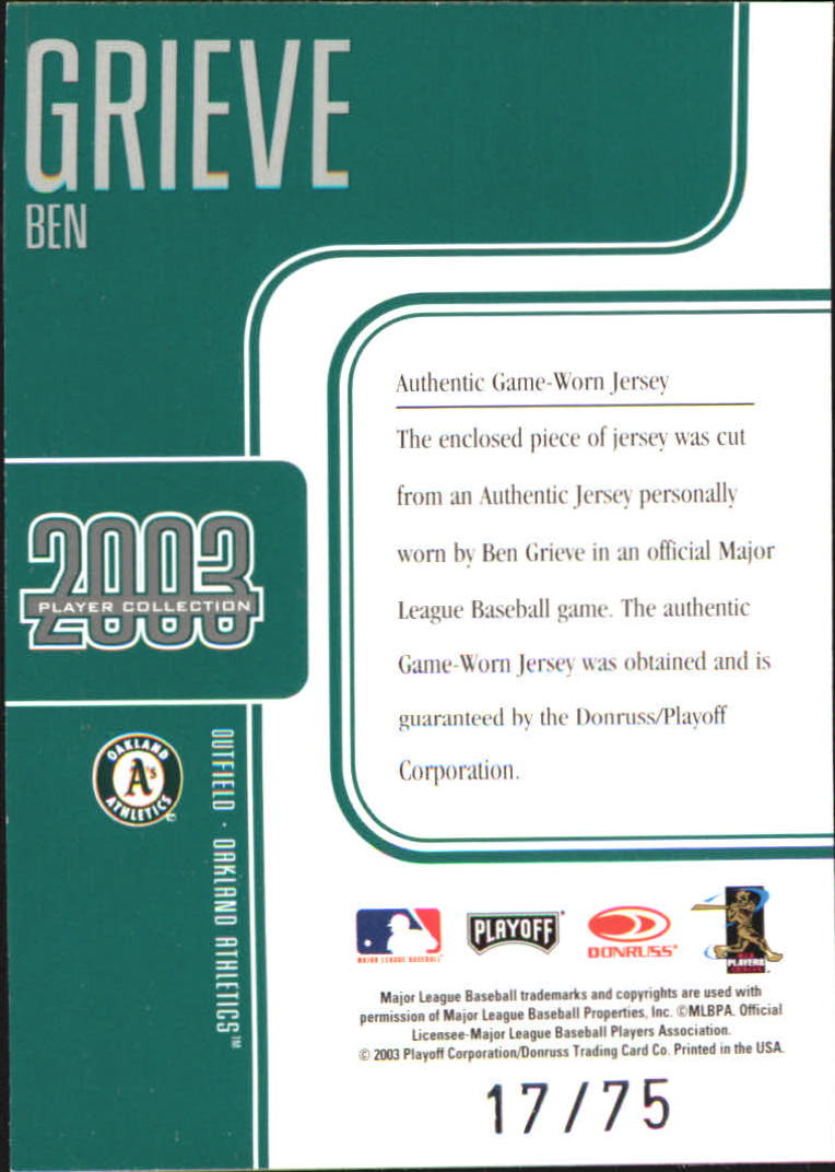 2003 Absolute Memorabilia Player Collection #BEGR Ben Grieve Jsy back image