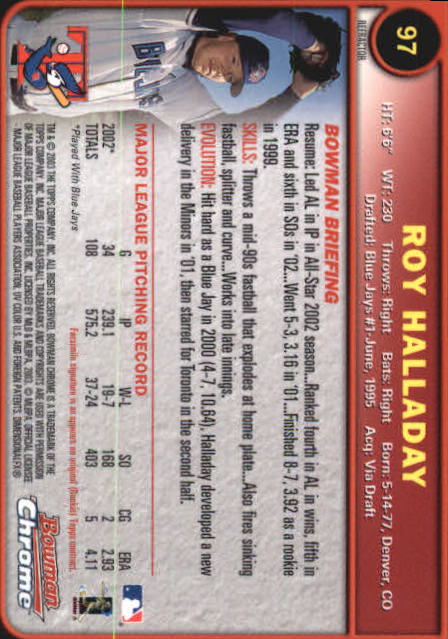 2003 Bowman Chrome Refractors #97 Roy Halladay back image