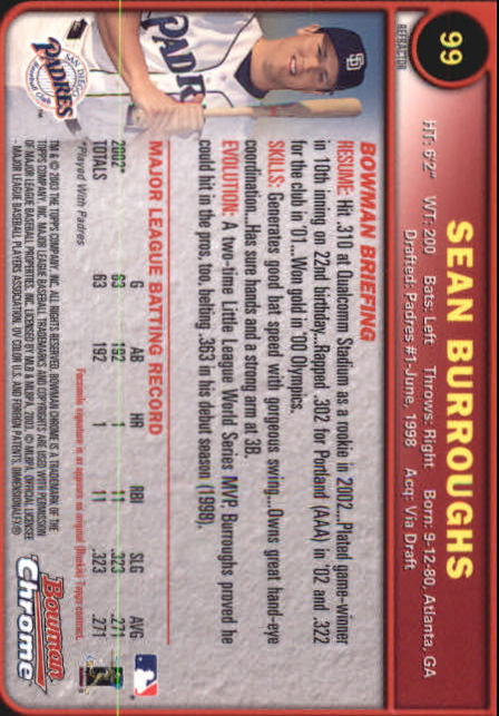 2003 Bowman Chrome Refractors #99 Sean Burroughs back image
