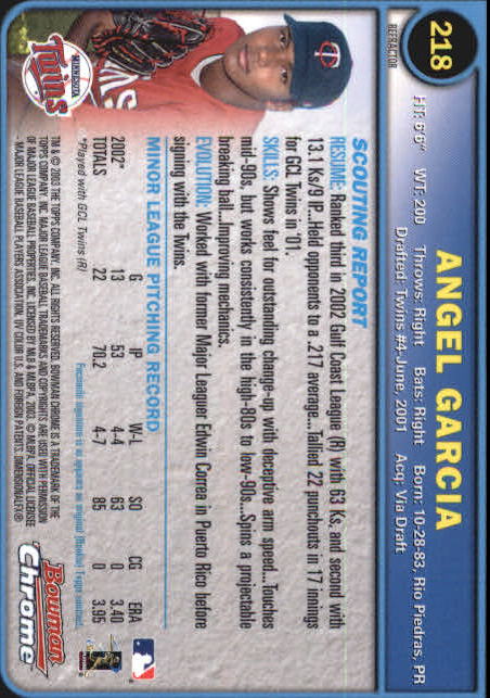 2003 Bowman Chrome Refractors #218 Angel Garcia back image