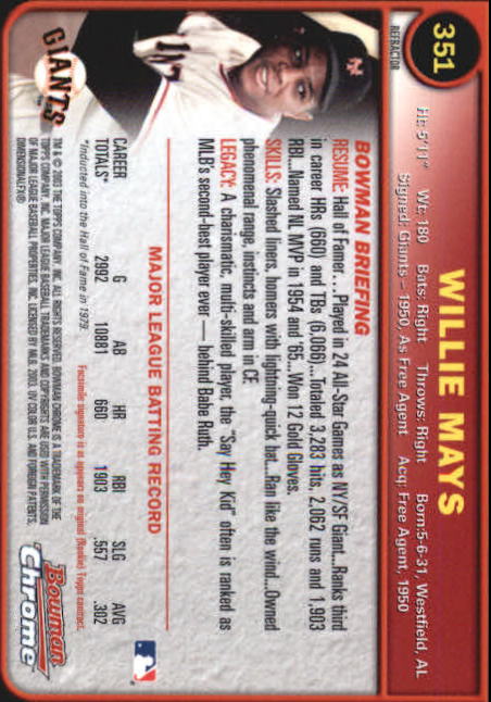 2003 Bowman Chrome Refractors #351 Willie Mays back image