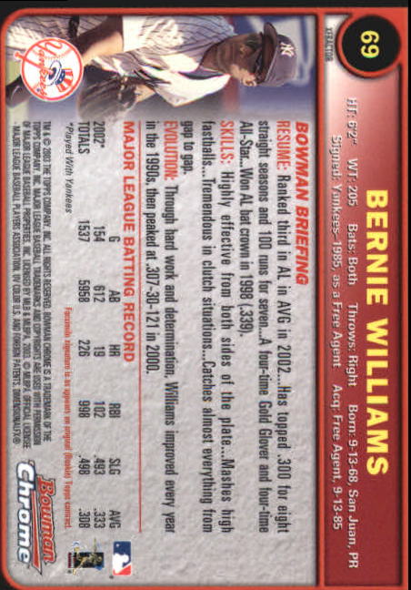 2003 Bowman Chrome X-Fractors #69 Bernie Williams back image
