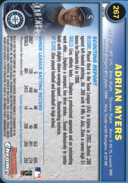 2003 Bowman Chrome X-Fractors #267 Adrian Myers back image