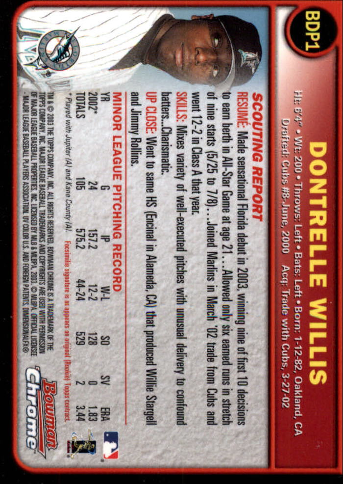 2003 Bowman Chrome Draft #1 Dontrelle Willis back image